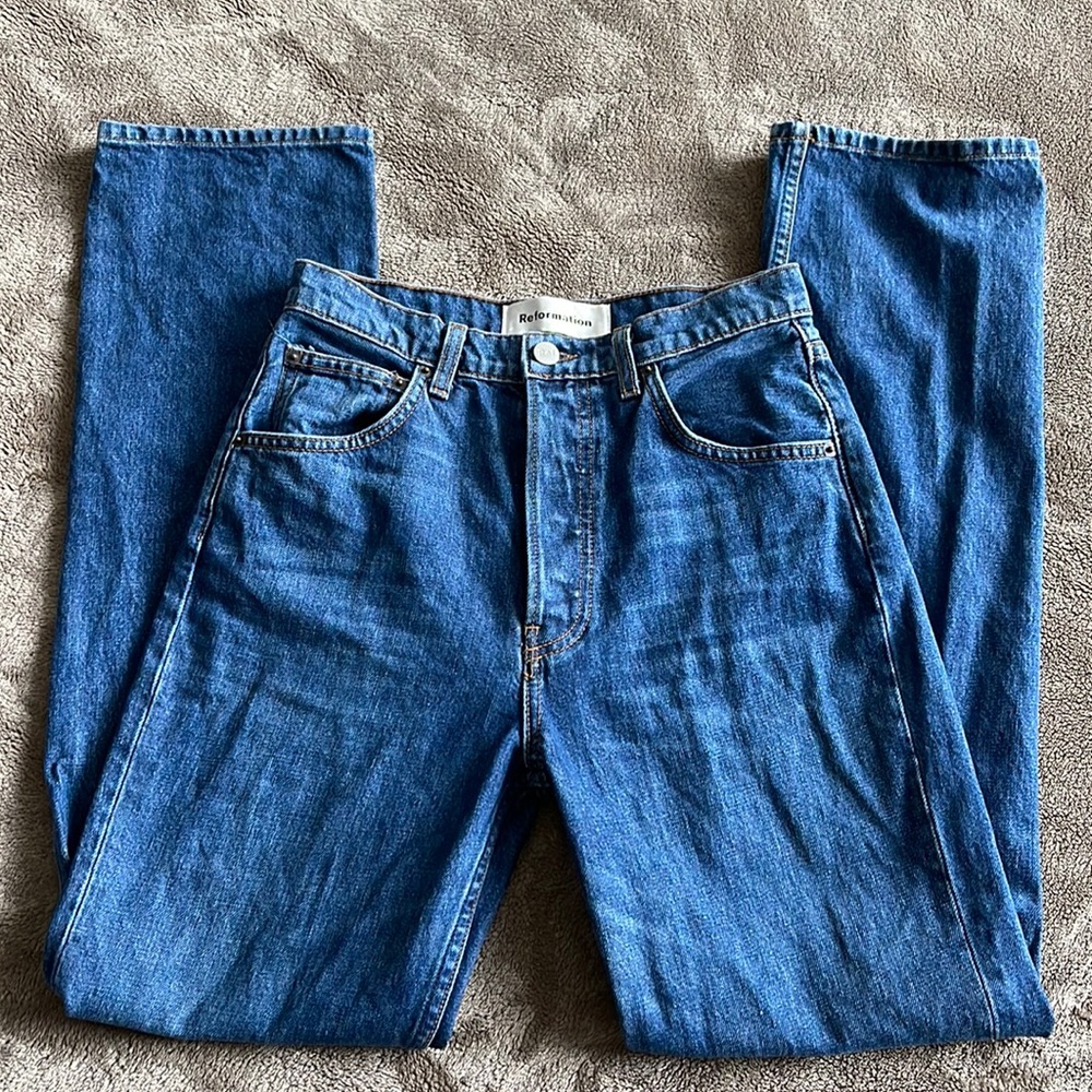 Reformation Denim Jeans Cynthia High Relaxed Cuff, Teton Wash, Size 26